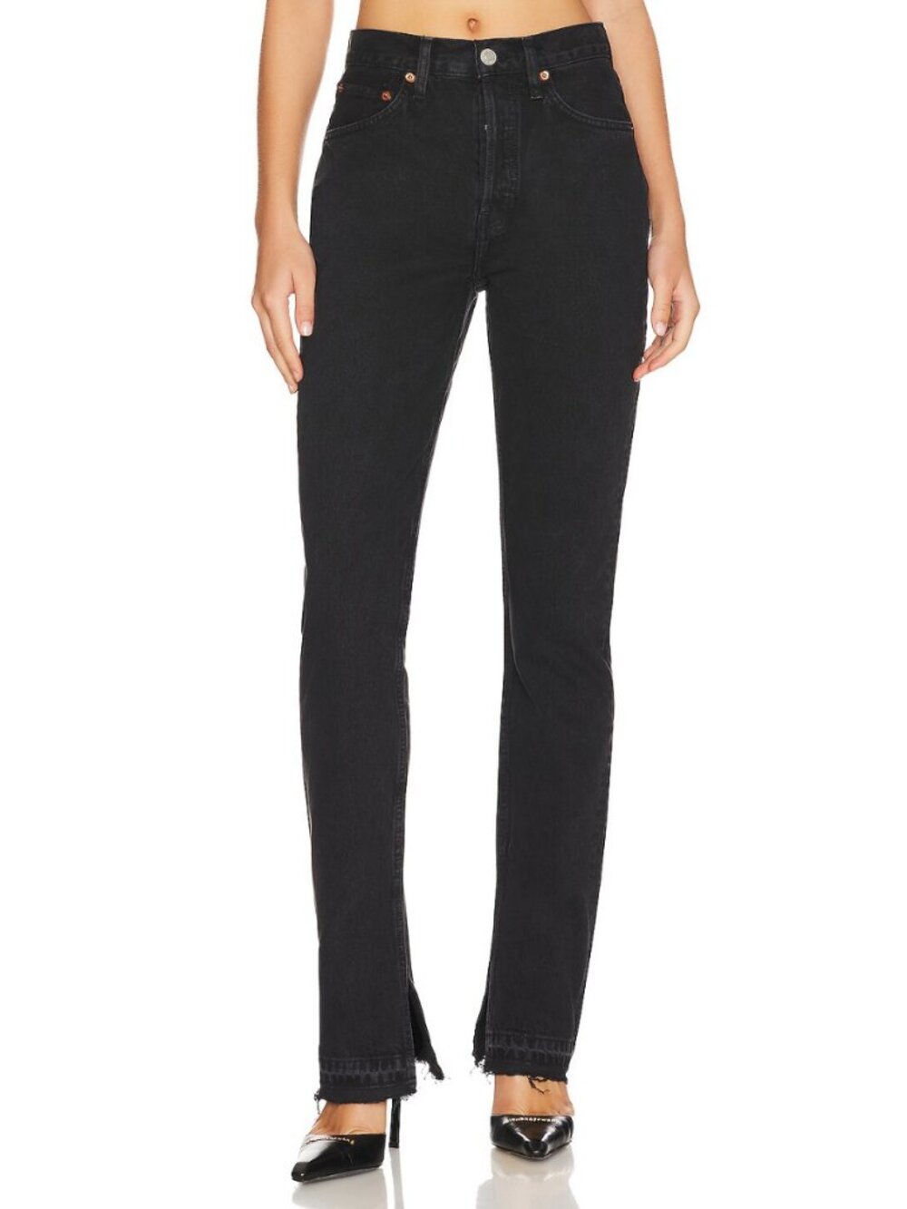 Re/Done 70's High Rise Skinny Boot Jean Washed Black Womens 25 x 34 Split Hem